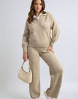 Long Sleeve Knitted Collar Top and Wide Leg Pants Co-ord Set