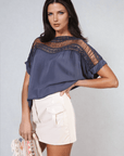 Lace Insert Round Neck Hollow Top - Toi ‘n’ Moi Ltd
