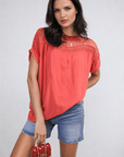 Lace Insert Round Neck Hollow Top - Toi ‘n’ Moi Ltd