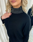 Rhinestone Detail High Neck Knitted Jumper