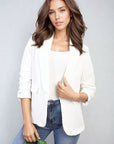 Ruched Sleeve Open Front Blazer Jacket with Front Pockets