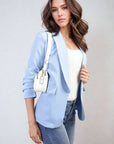 Ruched Sleeve Open Front Blazer Jacket with Front Pockets