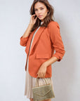 Ruched Sleeve Open Front Blazer Jacket with Front Pockets