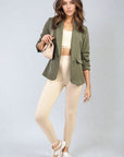 Ruched Sleeve Open Front Blazer Jacket with Front Pockets