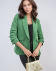 Ruched Sleeve Open Front Blazer Jacket with Front Pockets
