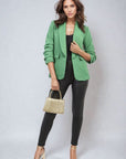Ruched Sleeve Open Front Blazer Jacket with Front Pockets