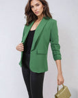 Ruched Sleeve Open Front Blazer Jacket with Front Pockets