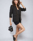 Ruched Sleeve Open Front Blazer Jacket with Front Pockets