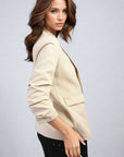 Ruched Sleeve Open Front Blazer Jacket with Front Pockets