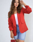 Ruched Sleeve Open Front Blazer Jacket with Front Pockets