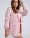 Ruched Sleeve Open Front Blazer Jacket with Front Pockets