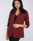 Ruched Sleeve Open Front Blazer Jacket with Front Pockets
