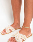 Pearl Decor Fringe Trim Flat Sandals