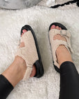 Faux Fur Double Buckle Sliders