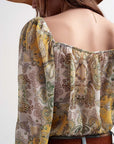 Long Sleeve Sheer Top With Shirred Waist and Tie Detail in Cachemir - Toi ‘n’ Moi Ltd