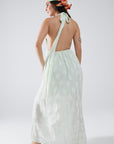 Midi Halter Dress in Mint Leaf Print With Lurex Details