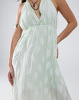 Midi Halter Dress in Mint Leaf Print With Lurex Details