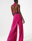 Satin Halter Neck Pleated Maxi Jumpsuit in Fuchsia