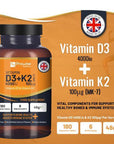 Vitamin D3 4000IU & K2 MK7 100μg Vegetarian 180 Tablets Supplement for Immune Support Calcium Boost, Bone & Muscle by Prowise - Toi ‘n’ Moi Ltd