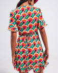 Mini abito con volant e stampa arancione anni '70