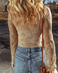 Apricot Lace Mesh Crochet Splicing Slim Fit Long Sleeve Blouse - Toi ‘n’ Moi Ltd