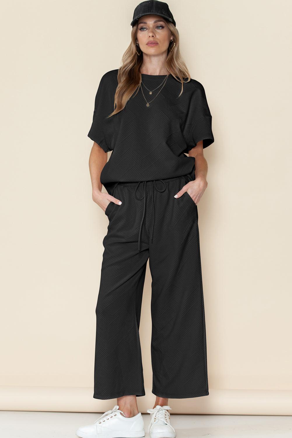 Black Textured Loose Fit T Shirt and Drawstring Pants Set - Toi ‘n’ Moi Ltd