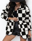 Black Checkered Side Pockets Collared Buttoned Fleece Jacket - Toi ‘n’ Moi Ltd
