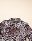 Brown Allover Leopard Print Smocked Neck Mesh Bodysuit - Toi ‘n’ Moi Ltd