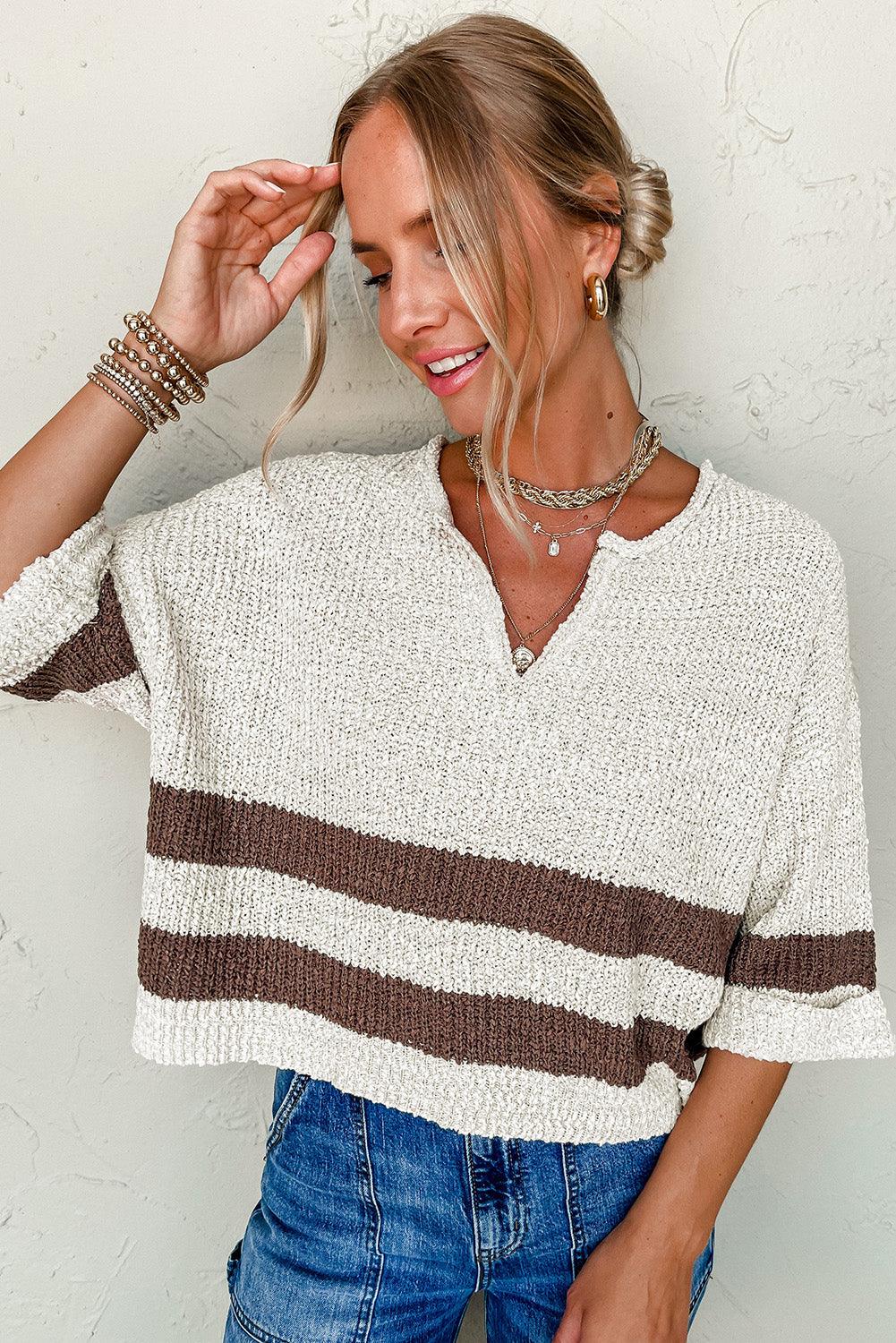 Brown Stripe Cropped Drop Sleeve Sweater - Toi ‘n’ Moi Ltd