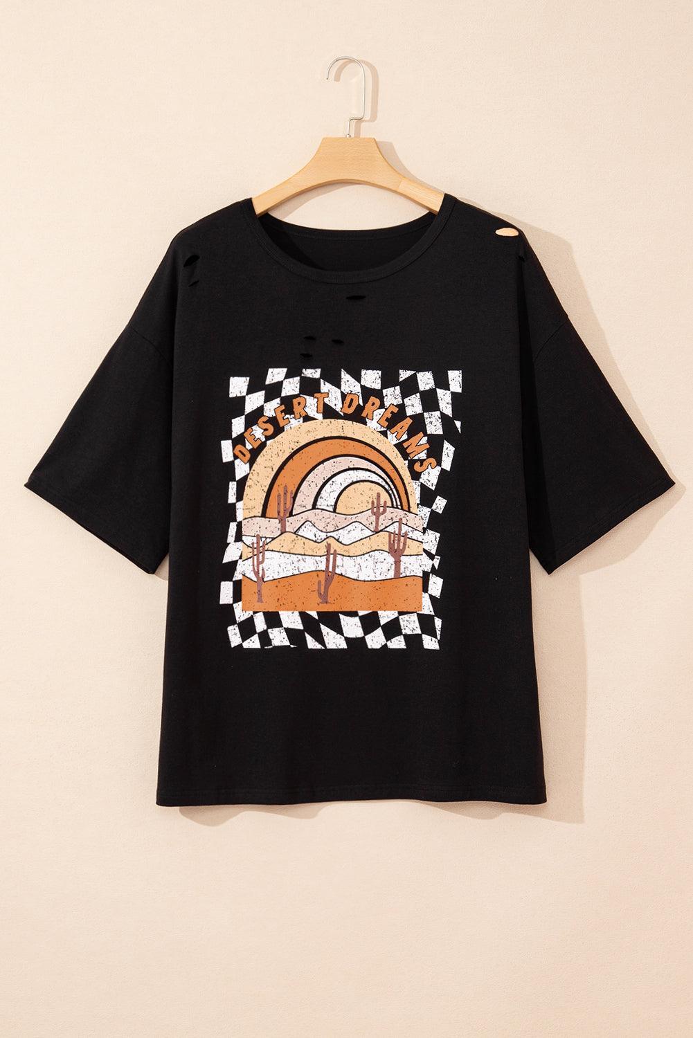 Black Checkerd DESERT DREAMS Printed Ripped Plus Size Tee - Toi ‘n’ Moi Ltd