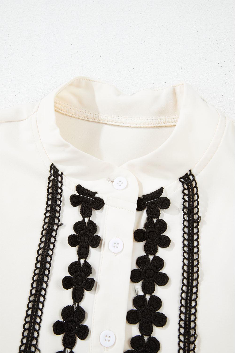 Beige Floral Embroidered Stand Neck Buttoned Shirt - Toi ‘n’ Moi Ltd
