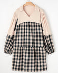 Black Plaid Waffle Knit Patchwork Collared V Neck Plus Size Mini Dress - Toi ‘n’ Moi Ltd