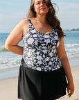 Black Plus Size Printed Square Neck Drawstring Ruffled Tankini Set - Toi ‘n’ Moi Ltd