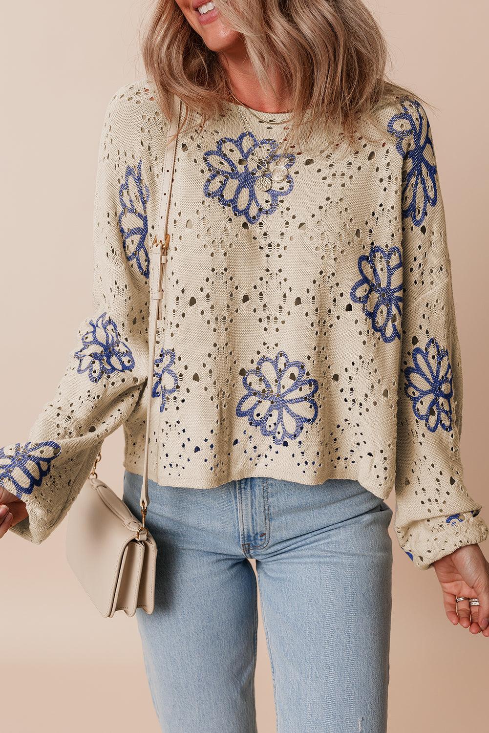 Beige Contrast Flower Print Eyelet Drop Shoulder Sweater - Toi ‘n’ Moi Ltd