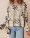 Beige Contrast Flower Print Eyelet Drop Shoulder Sweater - Toi ‘n’ Moi Ltd