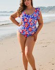Blue Floral Print Ruffled V Neck High Waist One Piece Swimwear - Toi ‘n’ Moi Ltd