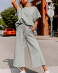 Gray Textured Loose Fit T Shirt and Drawstring Pants Set