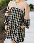 Black Plaid Waffle Knit Patchwork Collared V Neck Plus Size Mini Dress - Toi ‘n’ Moi Ltd