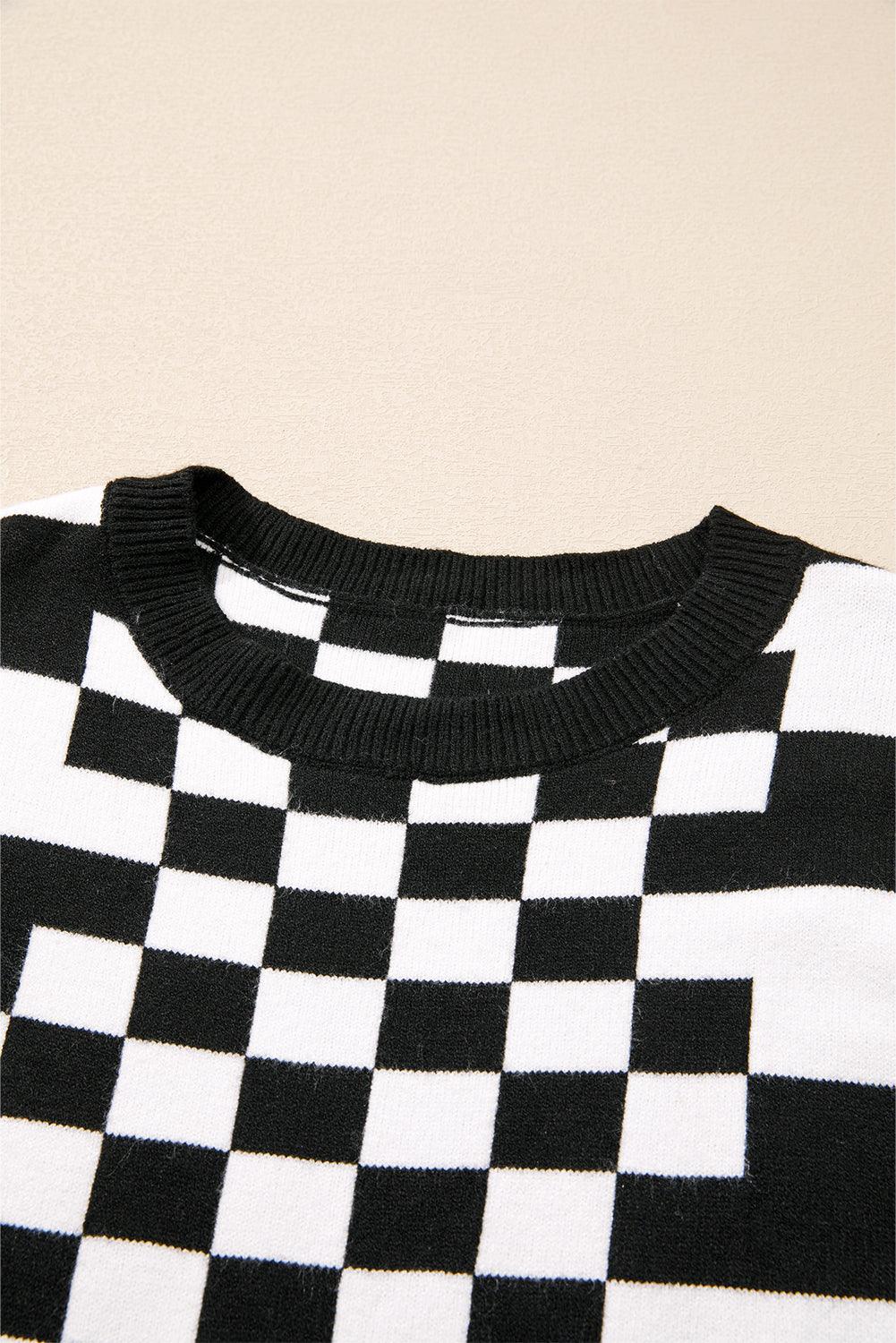Black Checkered Print Drop Shoulder Round Neck Sweater - Toi ‘n’ Moi Ltd