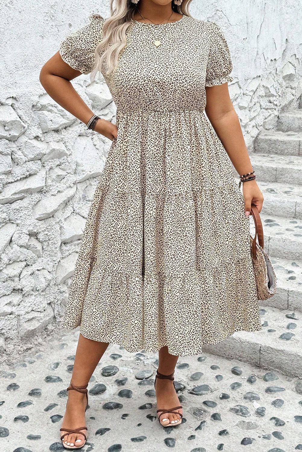 Beige Plus Size Leopard Print Frill Trim Short Sleeve Flared Dress - Toi ‘n’ Moi Ltd