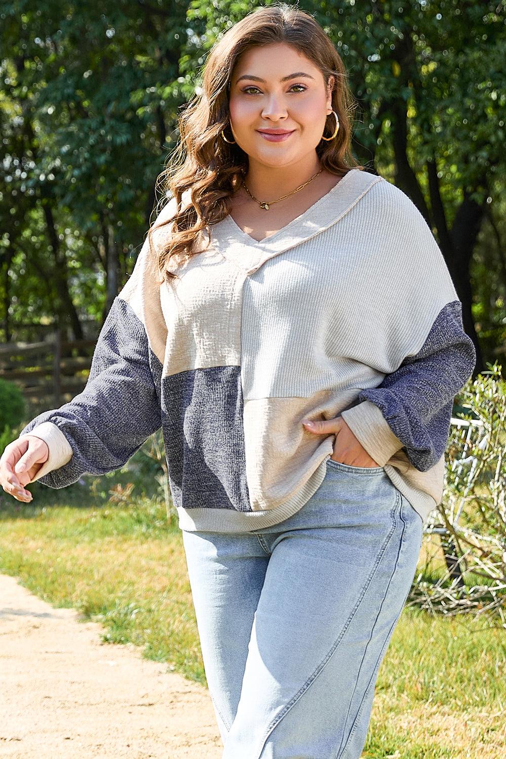 Ashleigh Blue Plus Size Textured Colorblock Patchwork V Neck Top - Toi ‘n’ Moi Ltd
