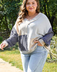 Ashleigh Blue Plus Size Textured Colorblock Patchwork V Neck Top - Toi ‘n’ Moi Ltd
