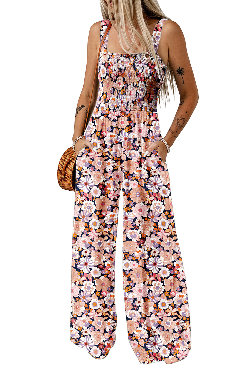 Black Floral Square Neckline Stretch High Waist Jumpsuit - Toi ‘n’ Moi Ltd