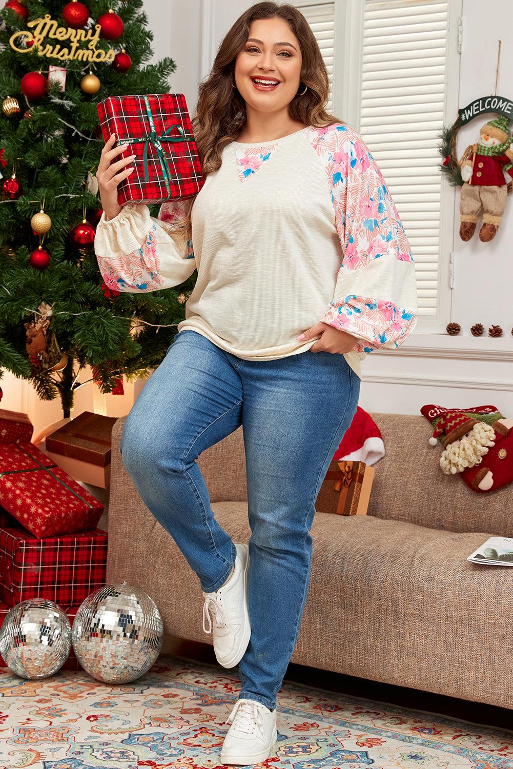 Apricot Plus Size Floral Patchwork Ribbed Puff Sleeve Top - Toi ‘n’ Moi Ltd