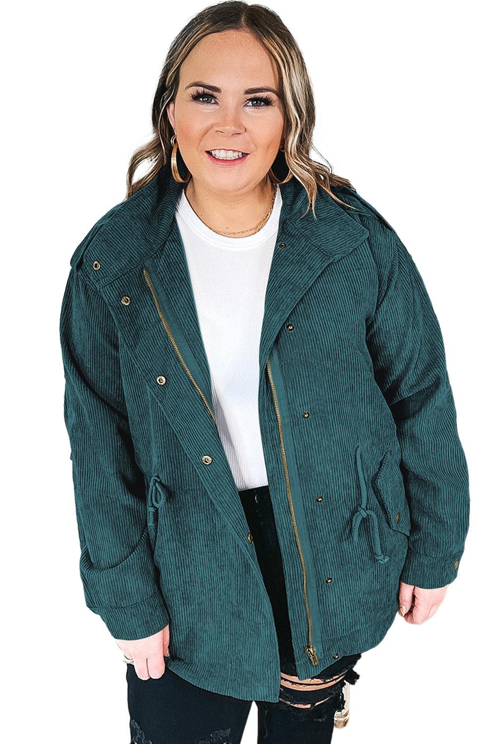 Black Plus Size Button Zipped Corduroy Jacket - Toi ‘n’ Moi Ltd