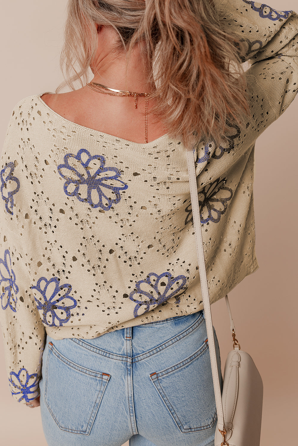 Beige Contrast Flower Print Eyelet Drop Shoulder Sweater - Toi ‘n’ Moi Ltd
