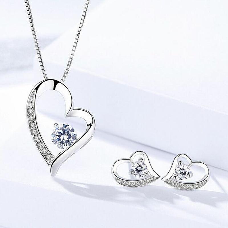 925 Sterling Silver Crystal Heart Pendant Necklace Stud Earrings Womens Gift - Toi ‘n’ Moi Ltd
