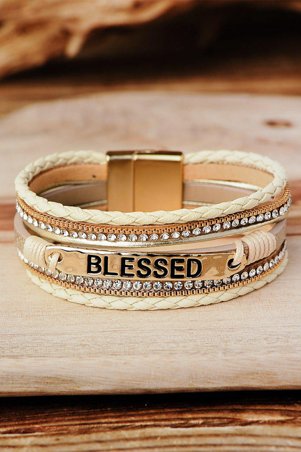Beige BLESSED Rhinestone Braided Detail Buckle Bracelet - Toi ‘n’ Moi Ltd