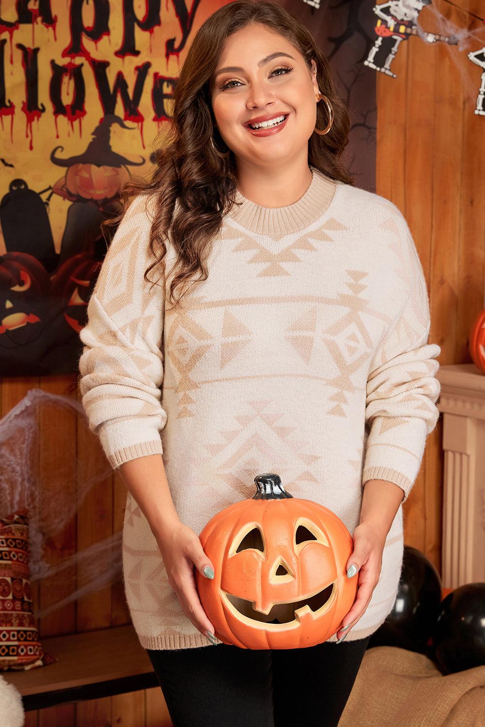 Apricot Plus Size Western Aztec Print Loose Sweater - Toi ‘n’ Moi Ltd