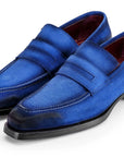 Paul Parkman Blue Antique Suede Goodyear Welted Loafers (ID